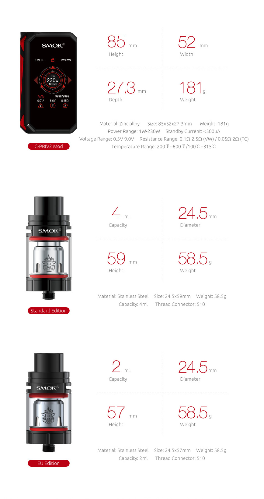 Specifications of SMOK G-Priv 2 Kit&Mod 