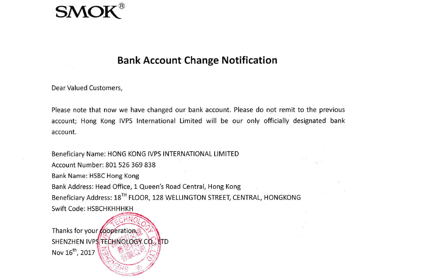 Customer Notice Of Change In Bank / Notice of Bank Account ...