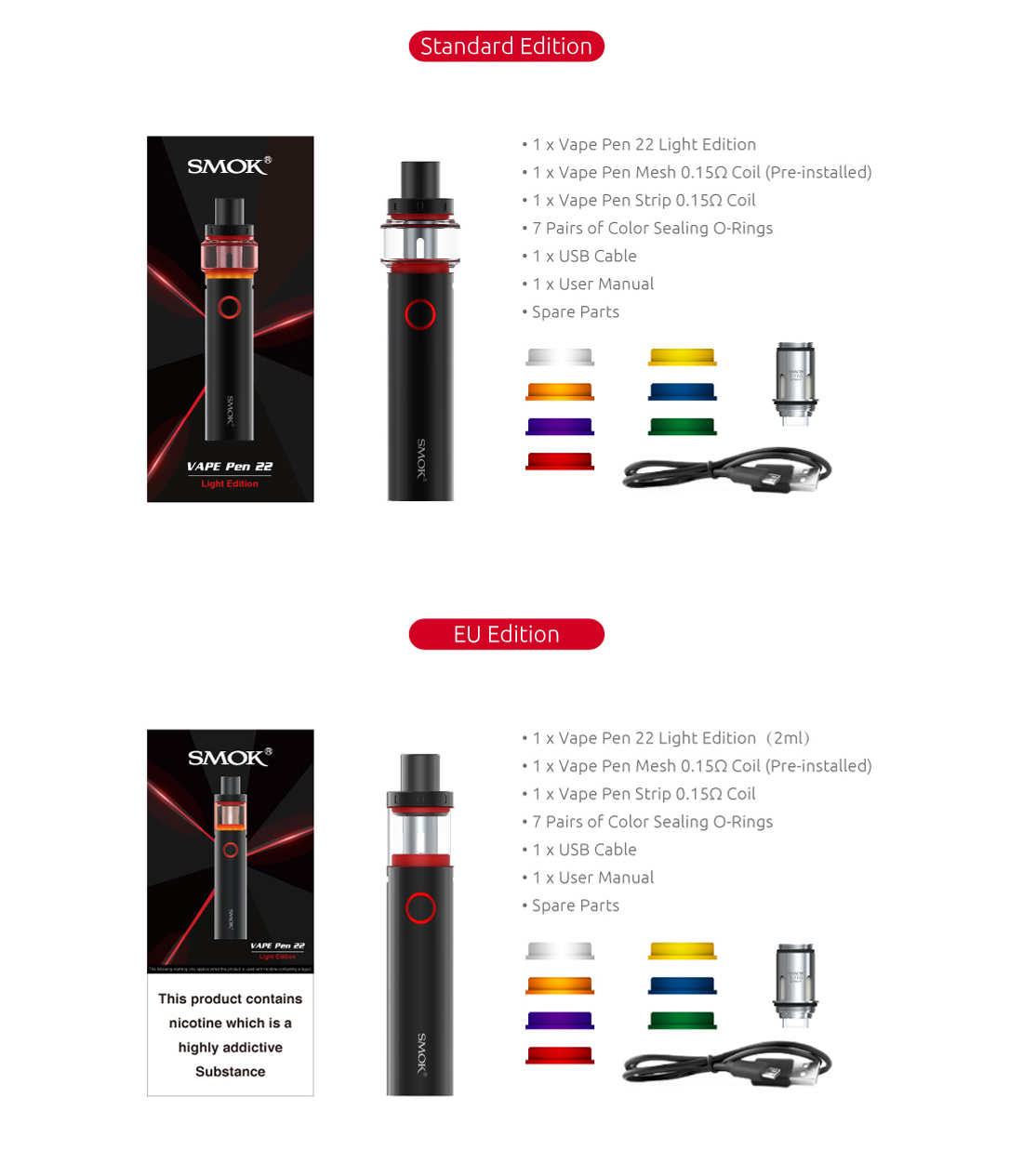 The Kit Includes for Eu Edition and Standard Edition - SMOK Vape Pen 22 Light Edition Kit