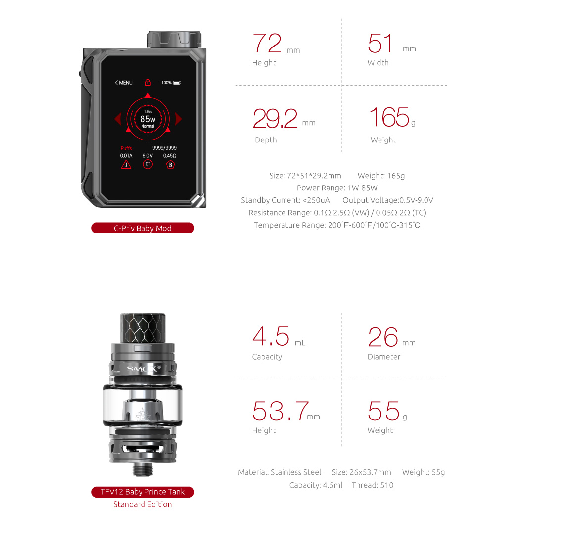 Specifications of SMOK G-Priv Baby Luxe Edition Kit&Mod 