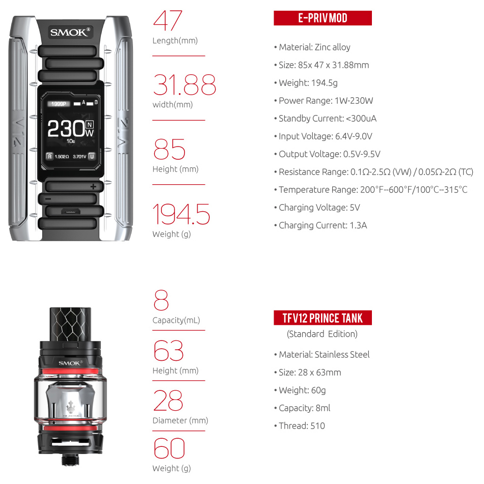 Specifications of SMOK E-Priv Mod&Coil 