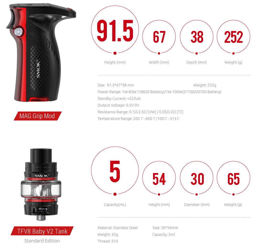 Specification of SMOK Mag Grip Mod&Tank 